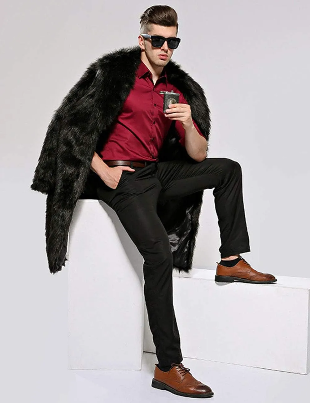 Mens Winter Warm Leopard Faux Fur Long Length Luxury Outerwear Coat Jacket