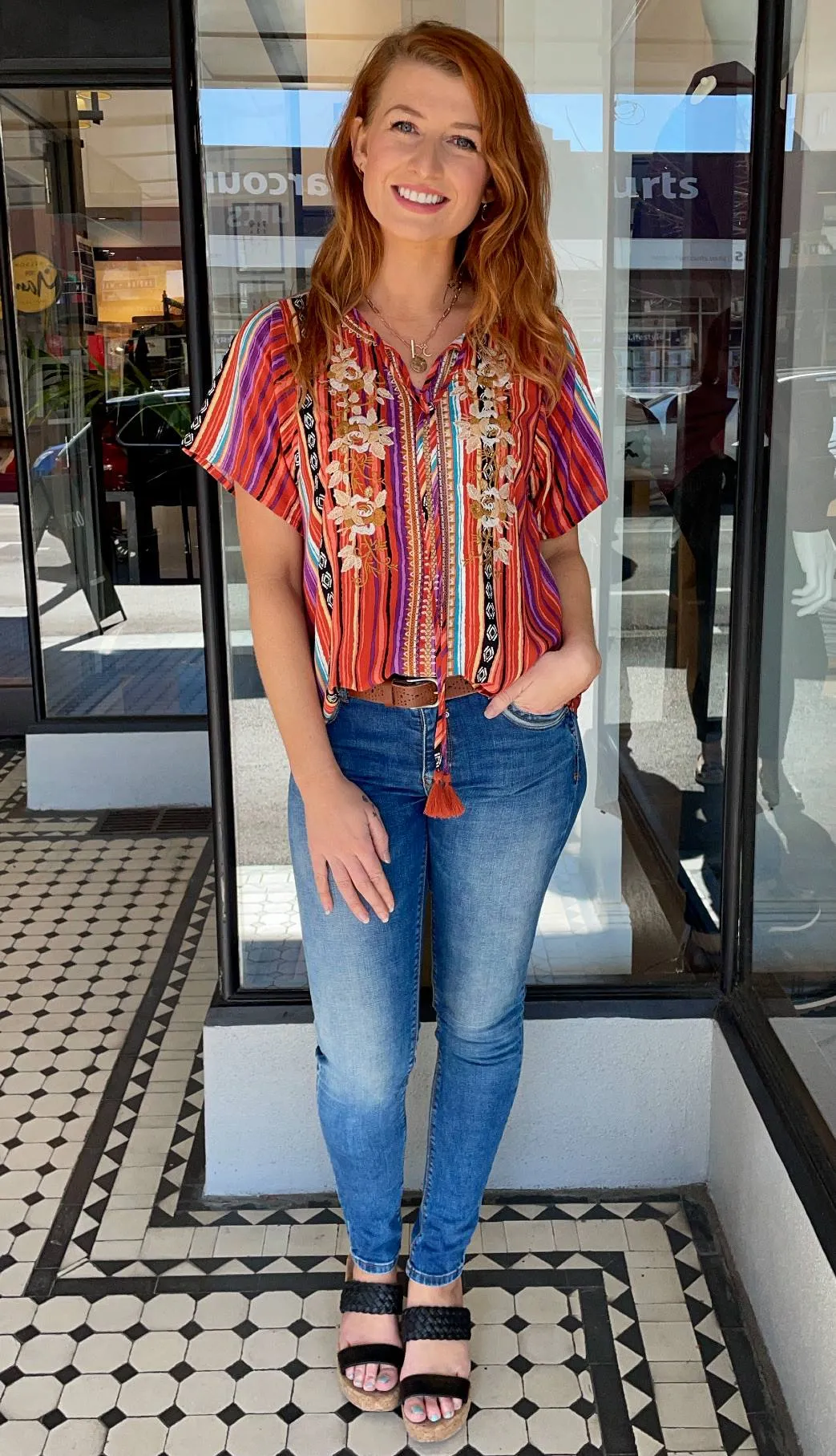 Mexicali Embroidered Tie Front Top Multi