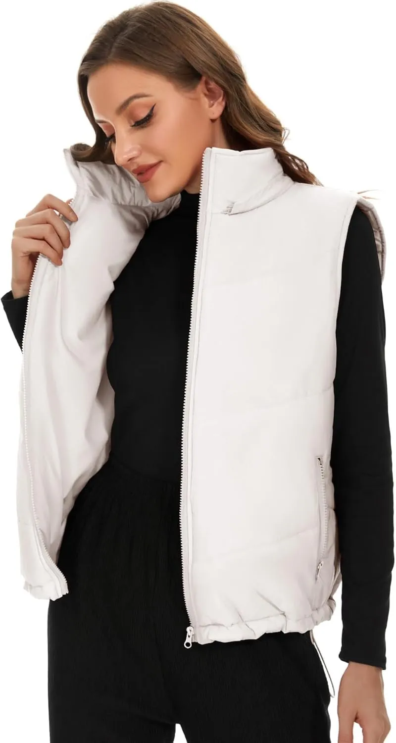 Micoson Puffer Vests for Women Winter Sleeveless Hooded Jacket Quilted Zip Up Stand Collar Gilet with Pocket Loose Fit
