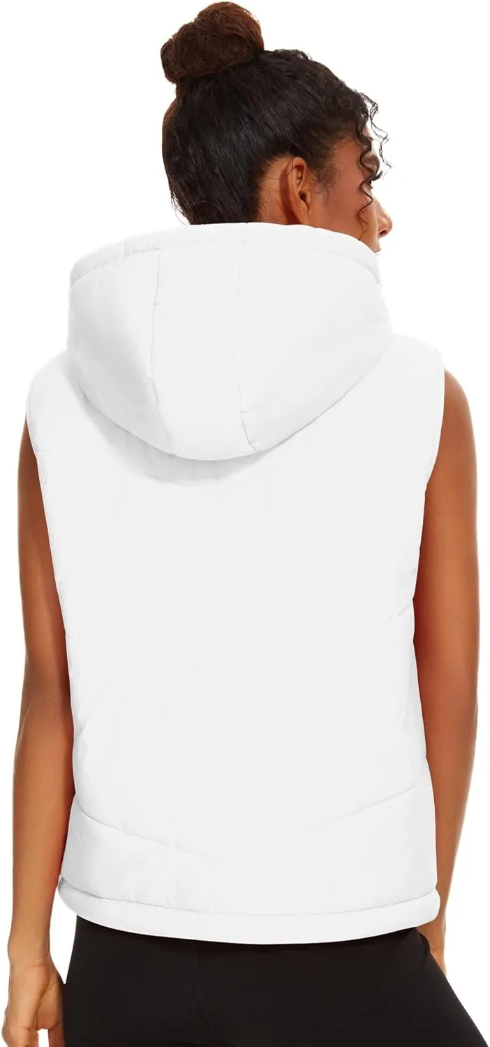 Micoson Puffer Vests for Women Winter Sleeveless Hooded Jacket Quilted Zip Up Stand Collar Gilet with Pocket Loose Fit