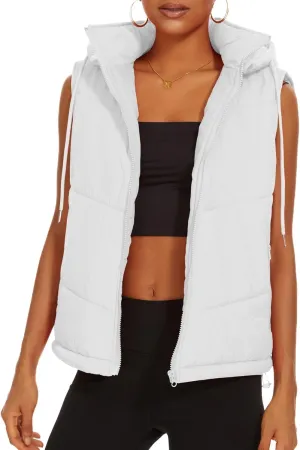 Micoson Puffer Vests for Women Winter Sleeveless Hooded Jacket Quilted Zip Up Stand Collar Gilet with Pocket Loose Fit