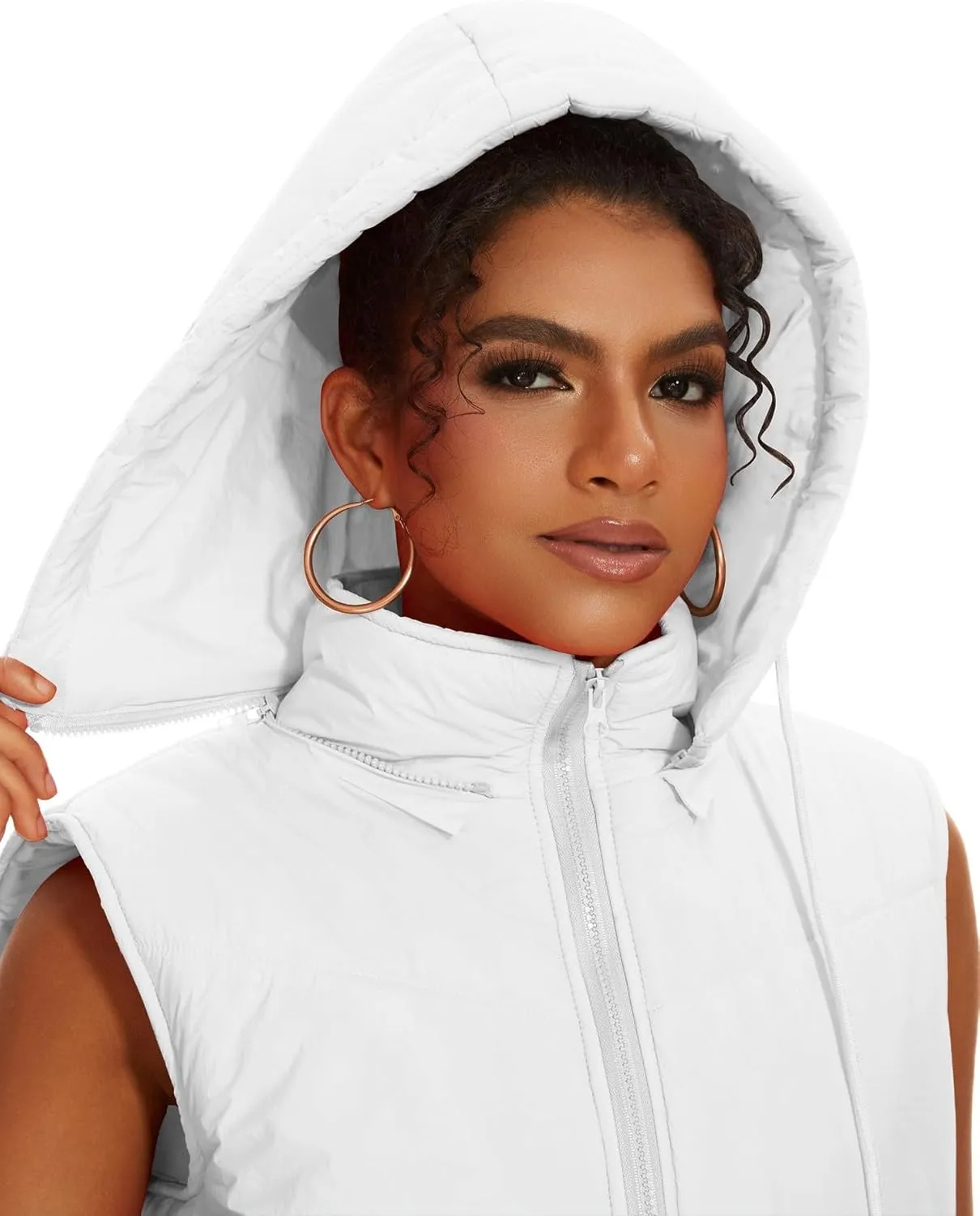 Micoson Puffer Vests for Women Winter Sleeveless Hooded Jacket Quilted Zip Up Stand Collar Gilet with Pocket Loose Fit