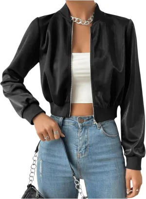 Milumia Women's Casual Long Sleeve Zip Up Crop Bomber Jacket Casual Outerwear