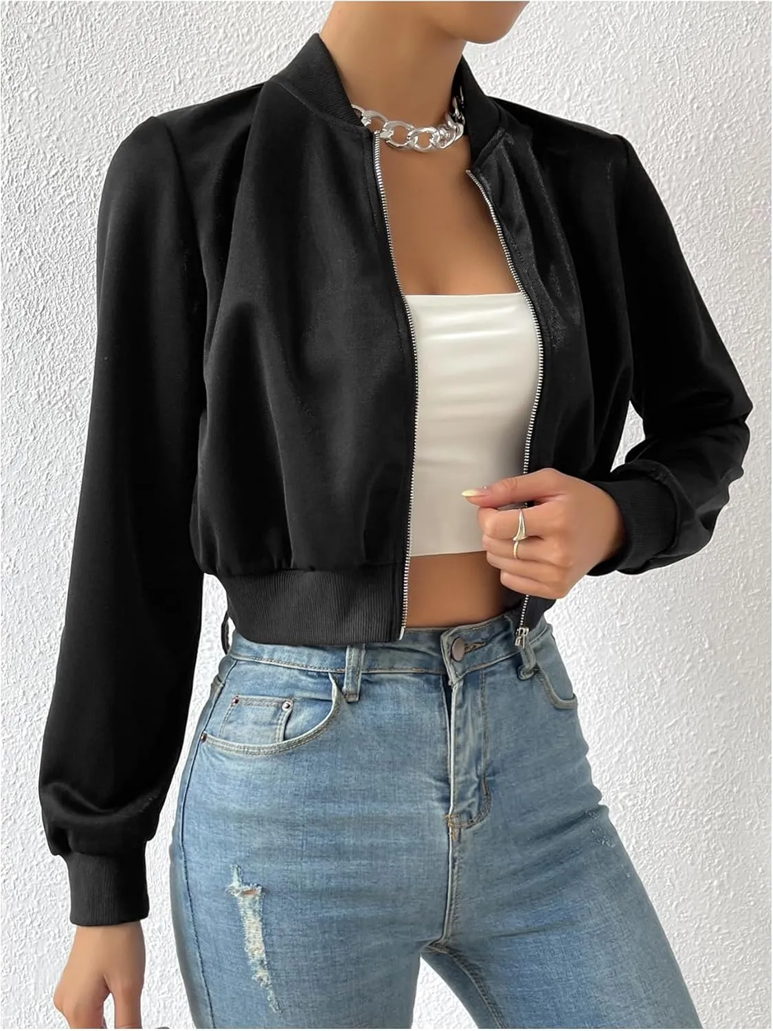 Milumia Women's Casual Long Sleeve Zip Up Crop Bomber Jacket Casual Outerwear