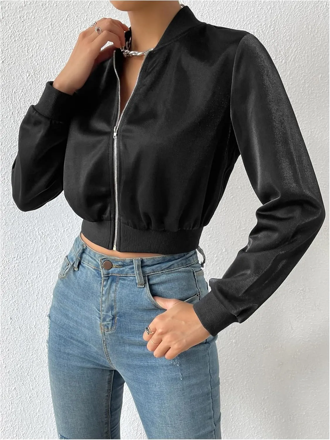 Milumia Women's Casual Long Sleeve Zip Up Crop Bomber Jacket Casual Outerwear