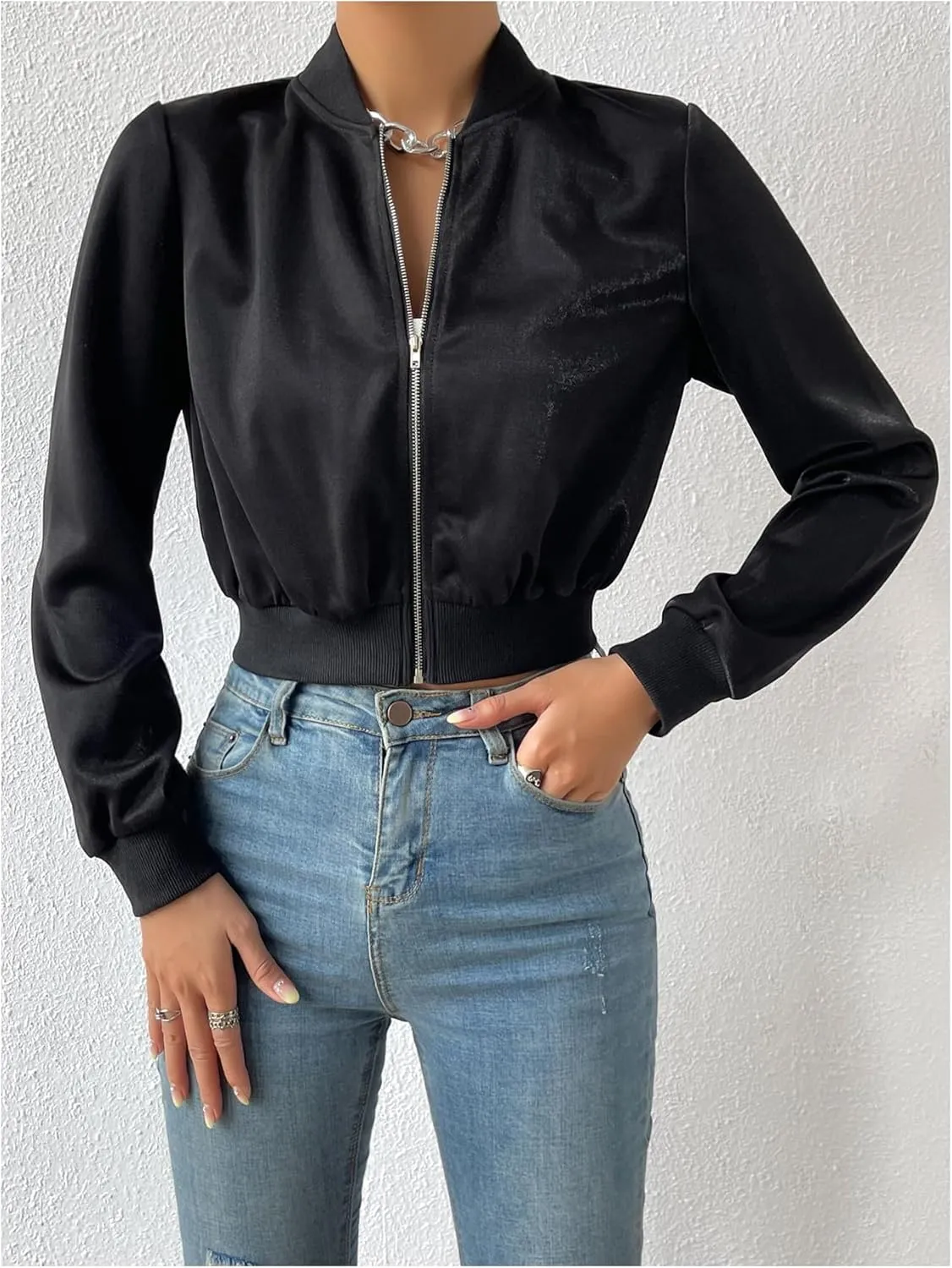 Milumia Women's Casual Long Sleeve Zip Up Crop Bomber Jacket Casual Outerwear