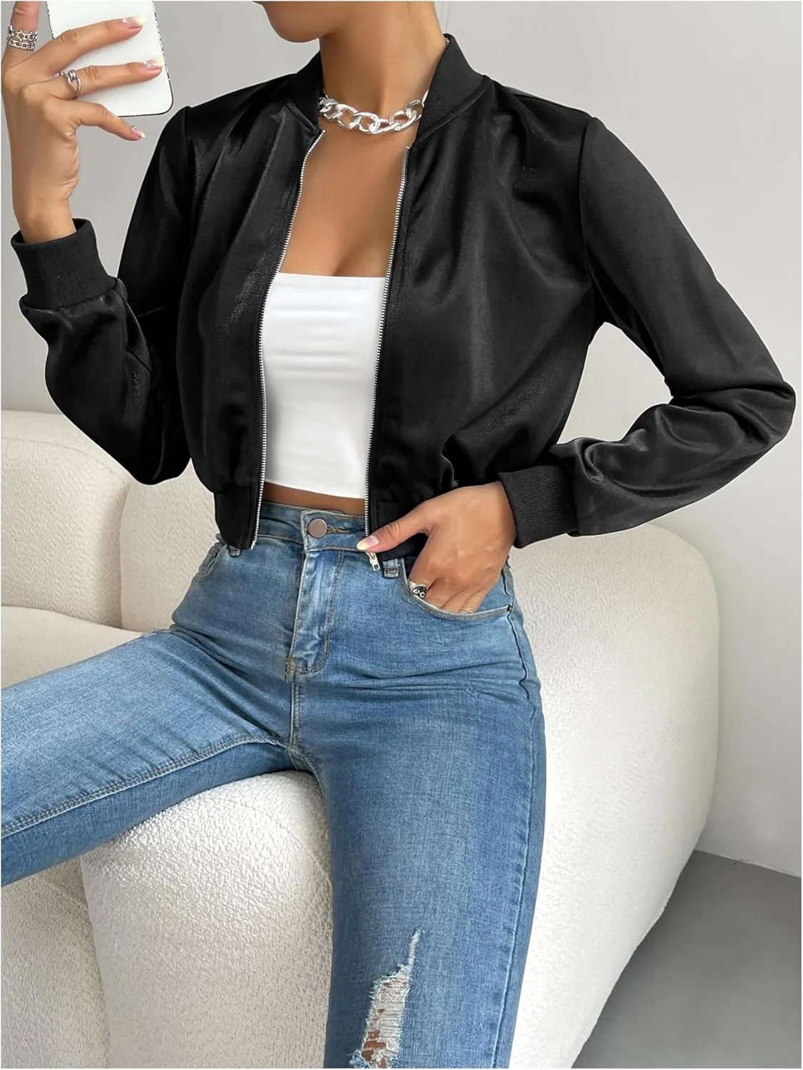 Milumia Women's Casual Long Sleeve Zip Up Crop Bomber Jacket Casual Outerwear