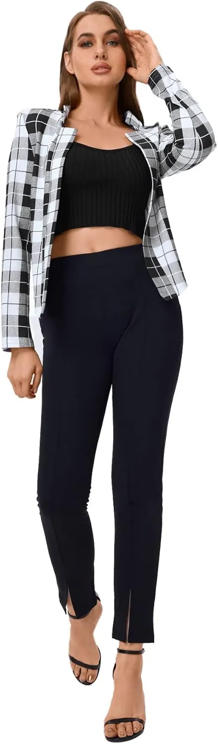 Milumia Women's Elegant Plaid Open Front Notched Neck Blazer Work Outerwear Jacket