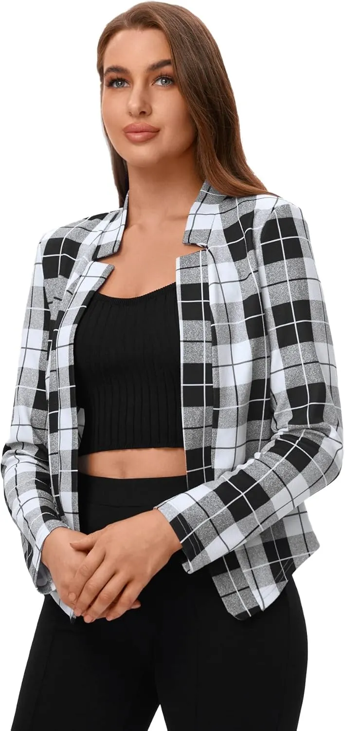 Milumia Women's Elegant Plaid Open Front Notched Neck Blazer Work Outerwear Jacket