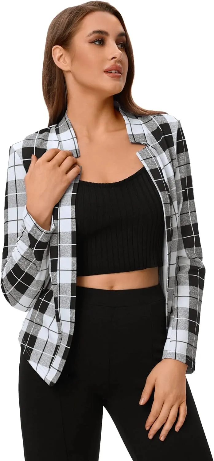 Milumia Women's Elegant Plaid Open Front Notched Neck Blazer Work Outerwear Jacket