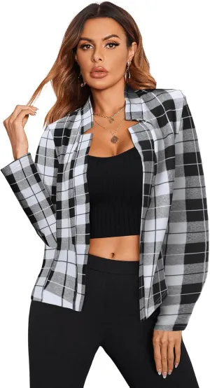 Milumia Women's Elegant Plaid Open Front Notched Neck Blazer Work Outerwear Jacket