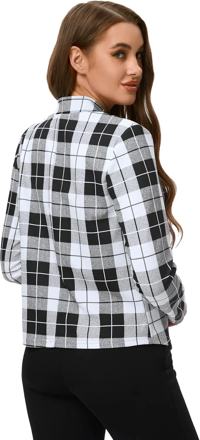 Milumia Women's Elegant Plaid Open Front Notched Neck Blazer Work Outerwear Jacket