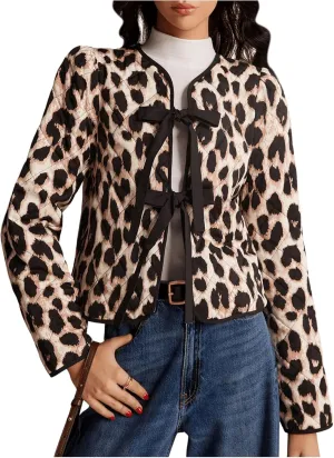 Milumia Women's Leopard Bow Tie Long Sleeve Quilted Jacket Padded Coat Outerwear