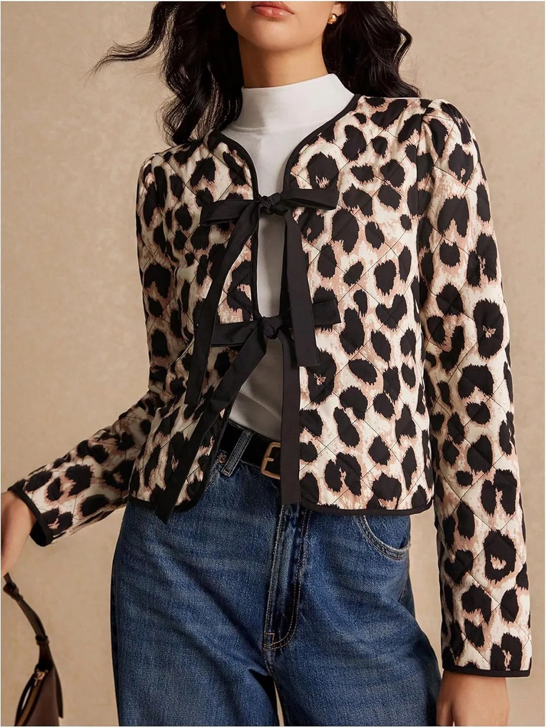 Milumia Women's Leopard Bow Tie Long Sleeve Quilted Jacket Padded Coat Outerwear