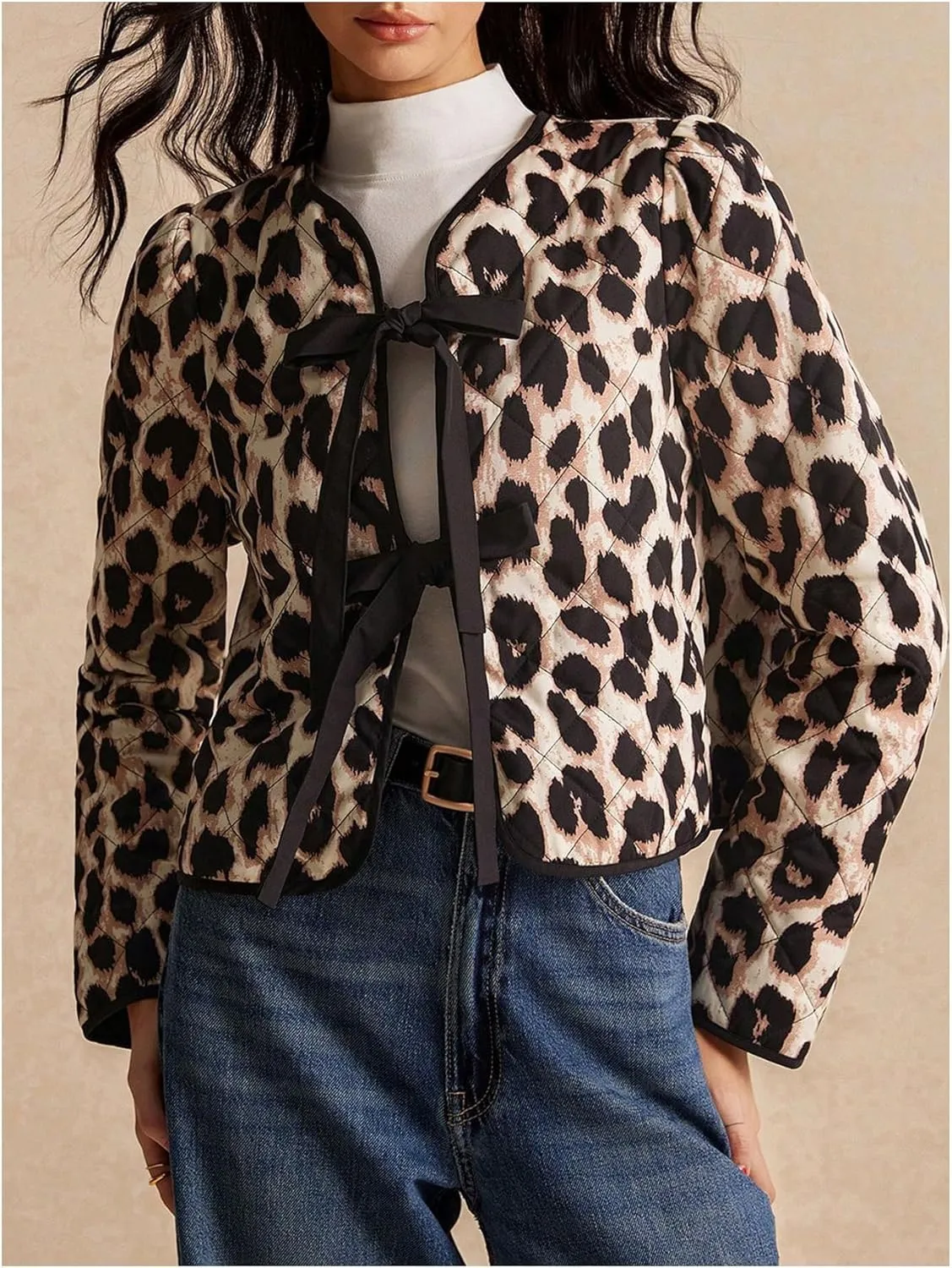 Milumia Women's Leopard Bow Tie Long Sleeve Quilted Jacket Padded Coat Outerwear