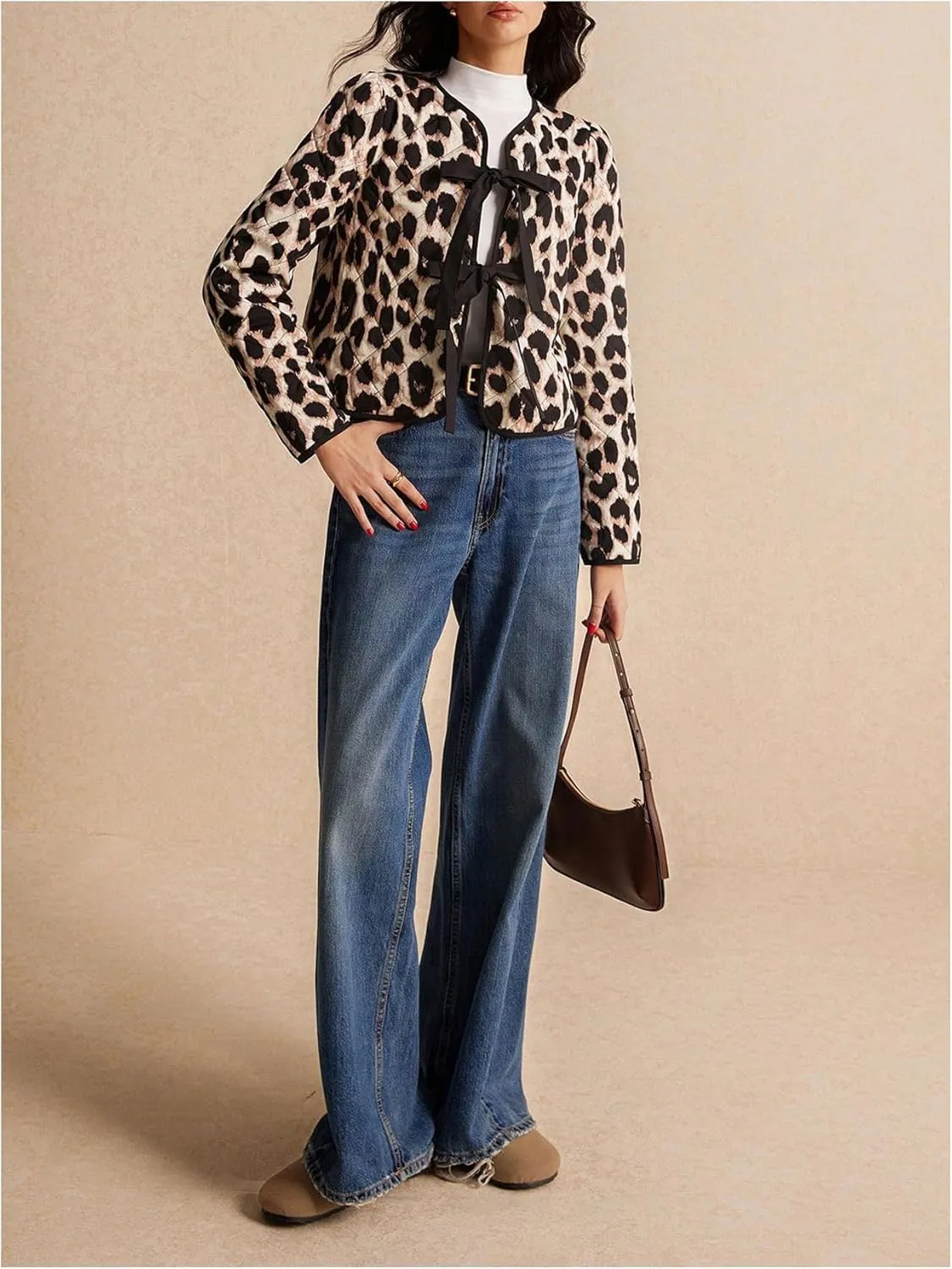 Milumia Women's Leopard Bow Tie Long Sleeve Quilted Jacket Padded Coat Outerwear