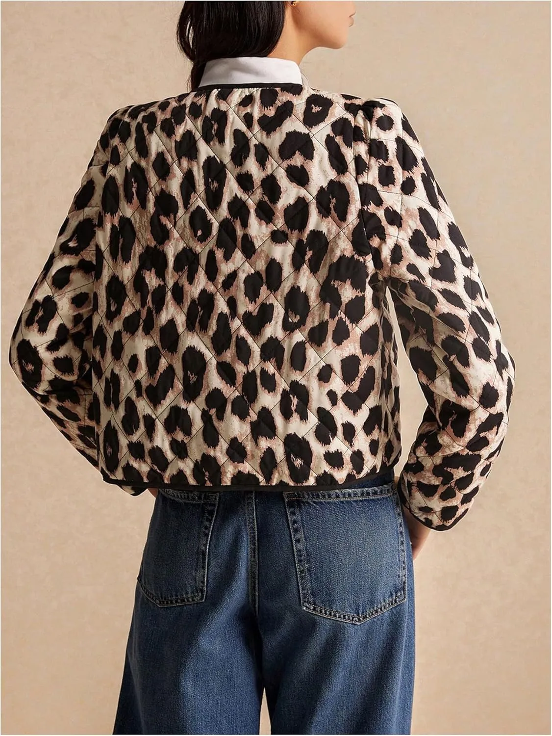Milumia Women's Leopard Bow Tie Long Sleeve Quilted Jacket Padded Coat Outerwear