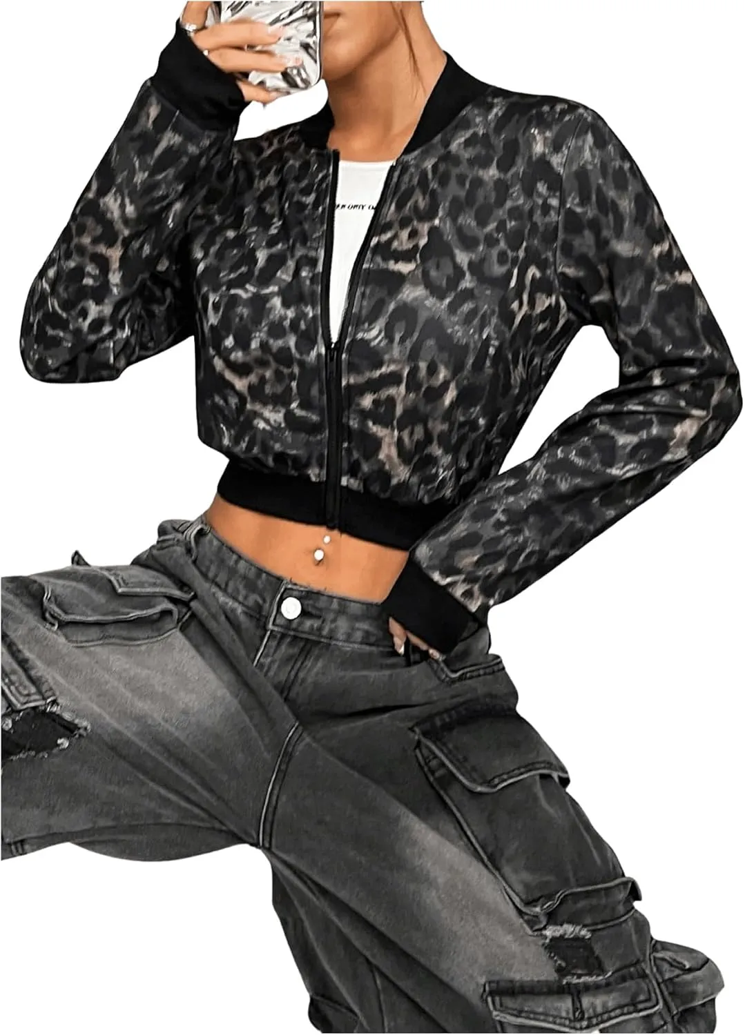 Milumia Women's Leopard Print Zip Up Long Sleeve Cropped Bomber Jacket Outerwear