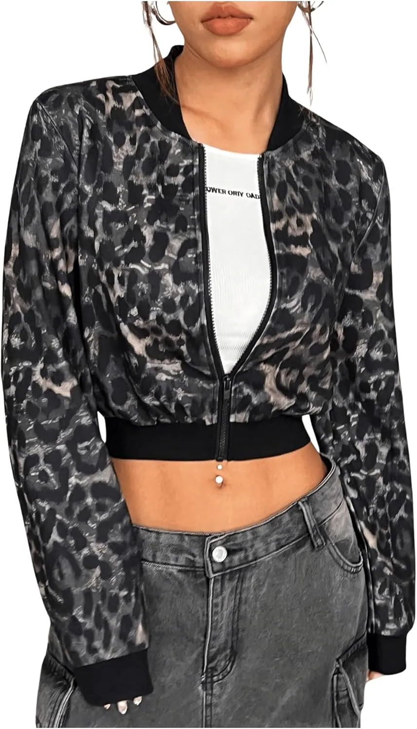 Milumia Women's Leopard Print Zip Up Long Sleeve Cropped Bomber Jacket Outerwear