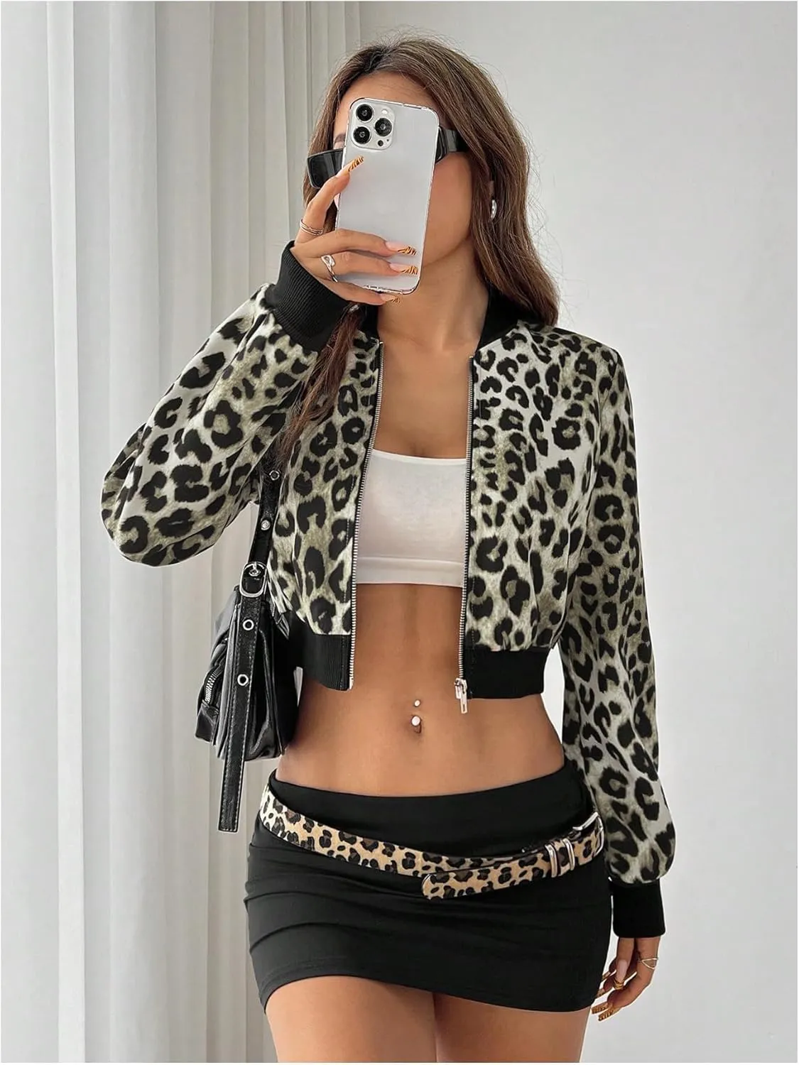Milumia Women's Leopard Print Zip Up Long Sleeve Cropped Bomber Jacket Outerwear
