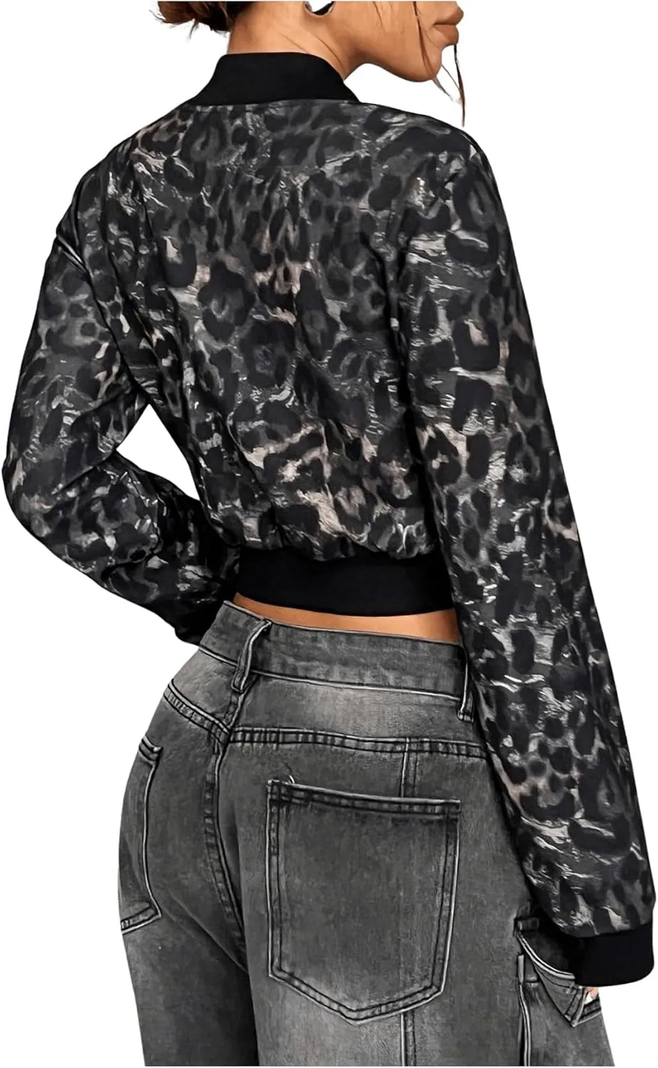 Milumia Women's Leopard Print Zip Up Long Sleeve Cropped Bomber Jacket Outerwear