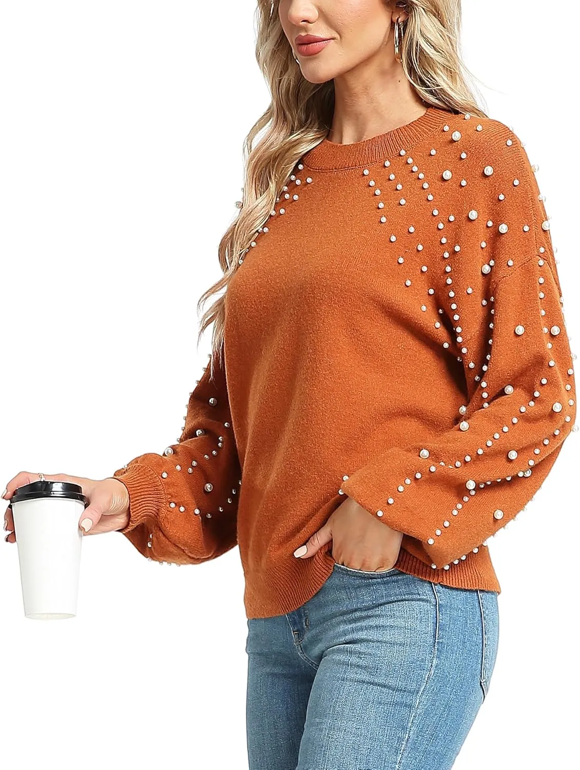 MISS MOLY Women's Chunky Sweaters Lantern Sleeve Crewneck Oversized Knitted Pullover Sweater with Pearls