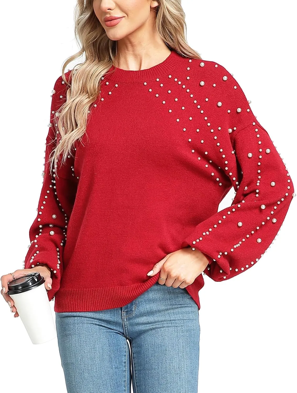 MISS MOLY Women's Chunky Sweaters Lantern Sleeve Crewneck Oversized Knitted Pullover Sweater with Pearls