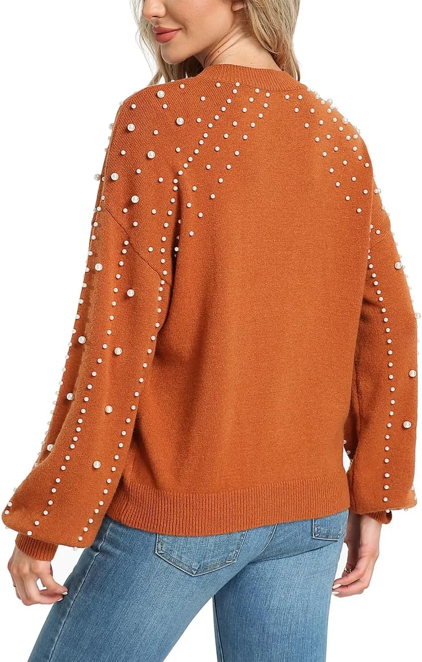 MISS MOLY Women's Chunky Sweaters Lantern Sleeve Crewneck Oversized Knitted Pullover Sweater with Pearls