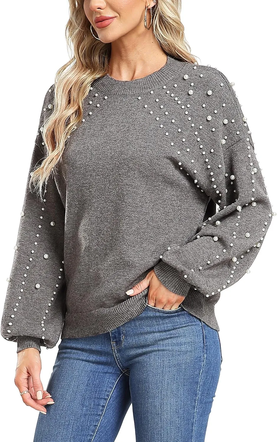 MISS MOLY Women's Chunky Sweaters Lantern Sleeve Crewneck Oversized Knitted Pullover Sweater with Pearls