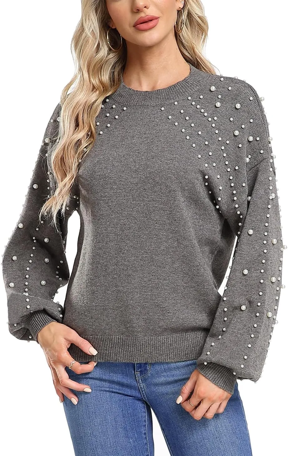 MISS MOLY Women's Chunky Sweaters Lantern Sleeve Crewneck Oversized Knitted Pullover Sweater with Pearls