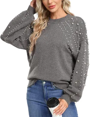 MISS MOLY Women's Chunky Sweaters Lantern Sleeve Crewneck Oversized Knitted Pullover Sweater with Pearls