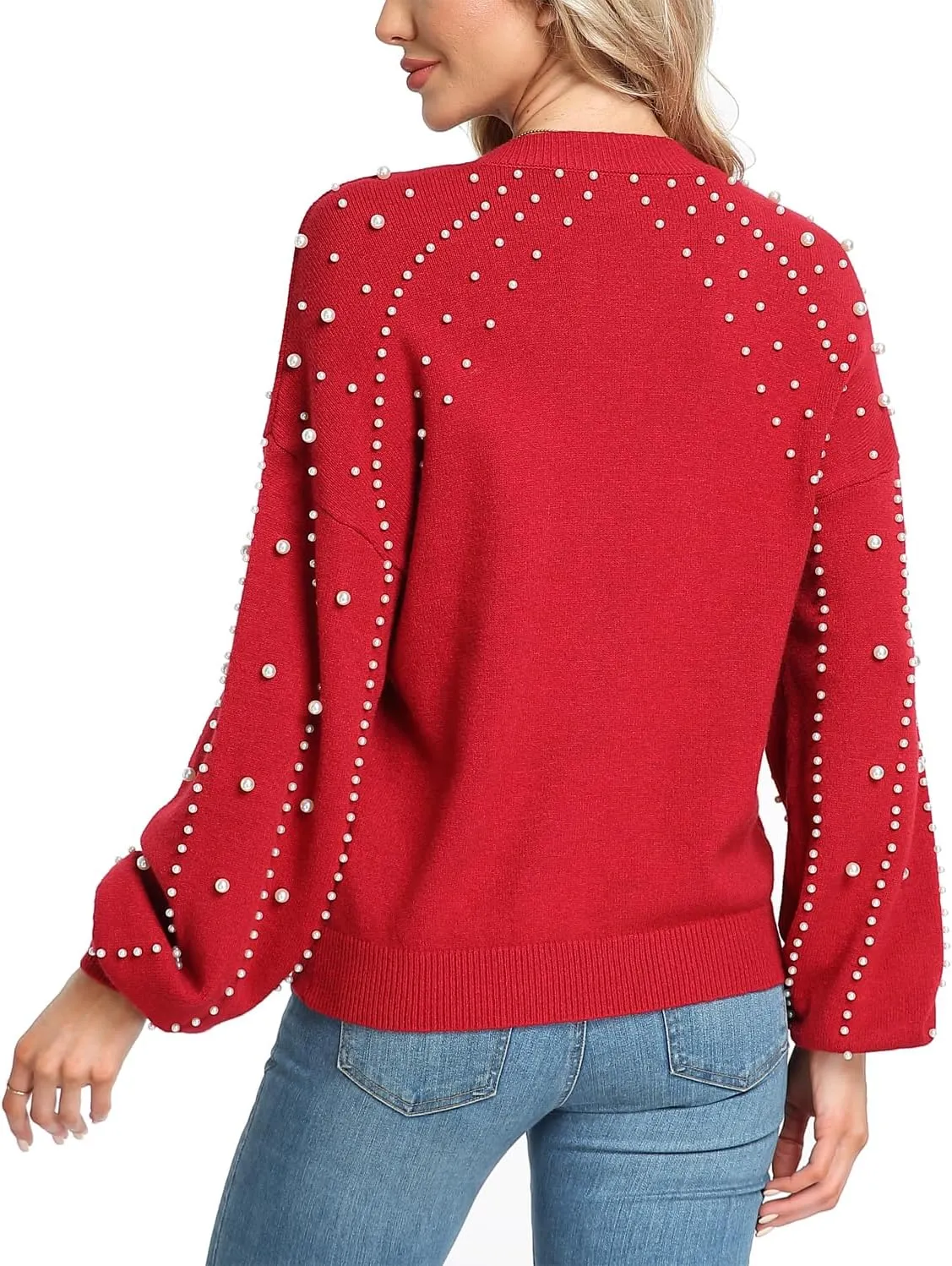 MISS MOLY Women's Chunky Sweaters Lantern Sleeve Crewneck Oversized Knitted Pullover Sweater with Pearls