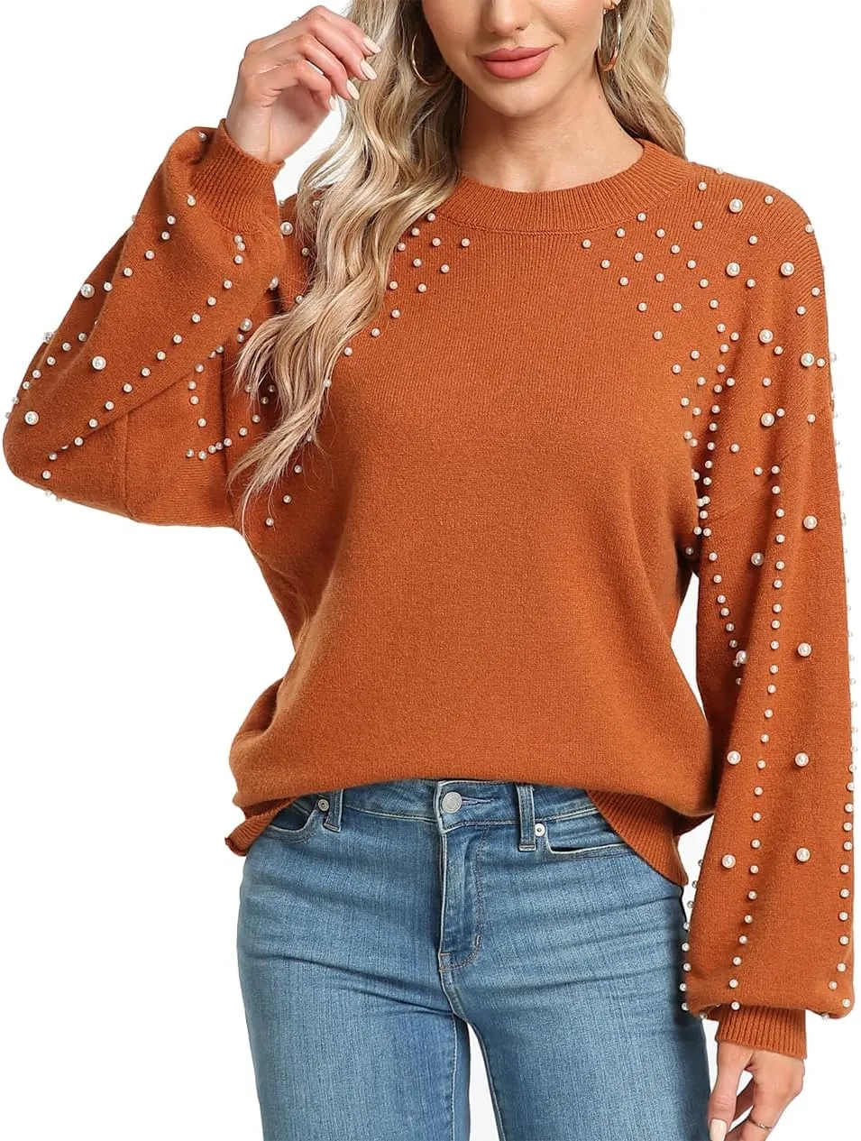 MISS MOLY Women's Chunky Sweaters Lantern Sleeve Crewneck Oversized Knitted Pullover Sweater with Pearls