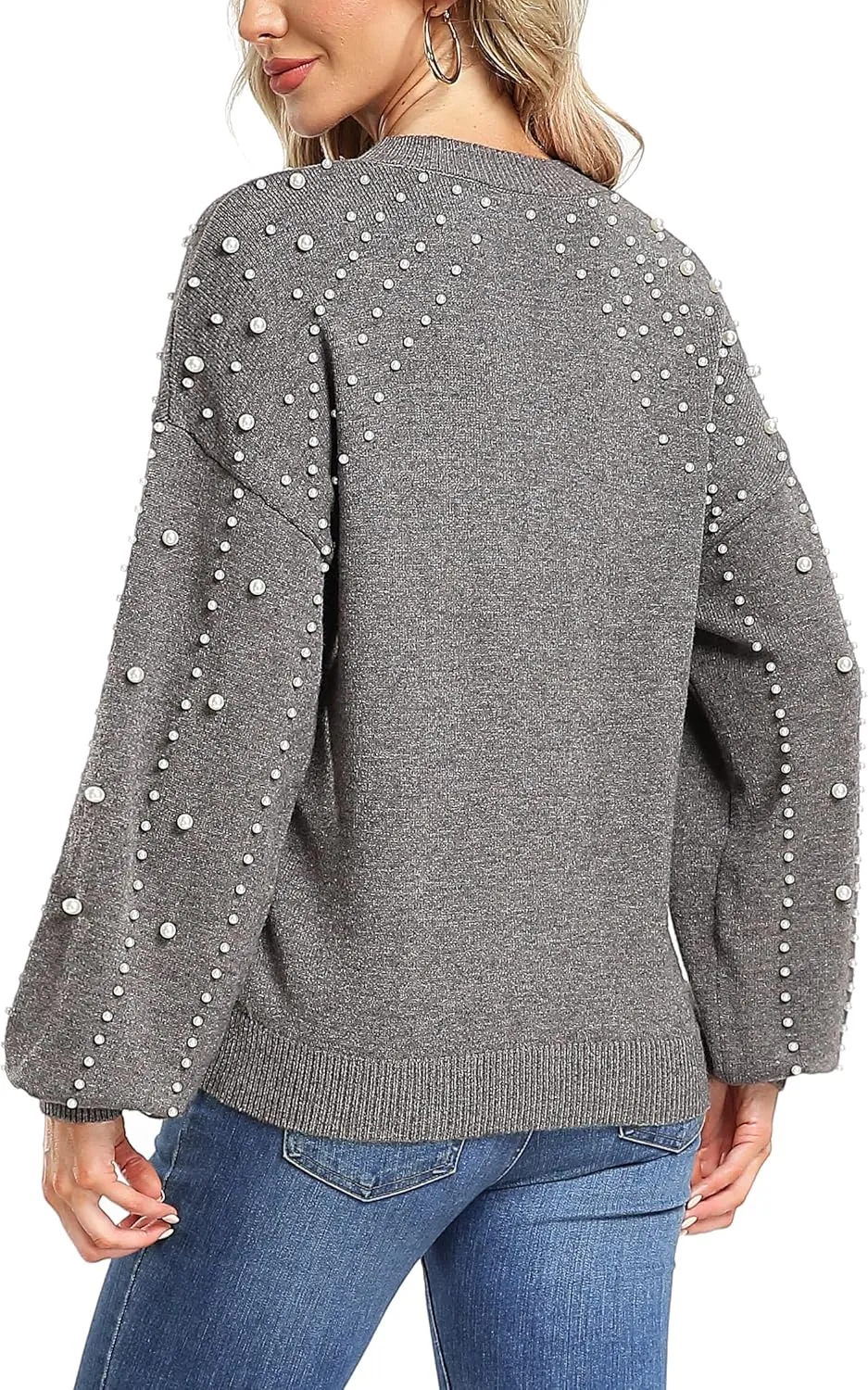 MISS MOLY Women's Chunky Sweaters Lantern Sleeve Crewneck Oversized Knitted Pullover Sweater with Pearls