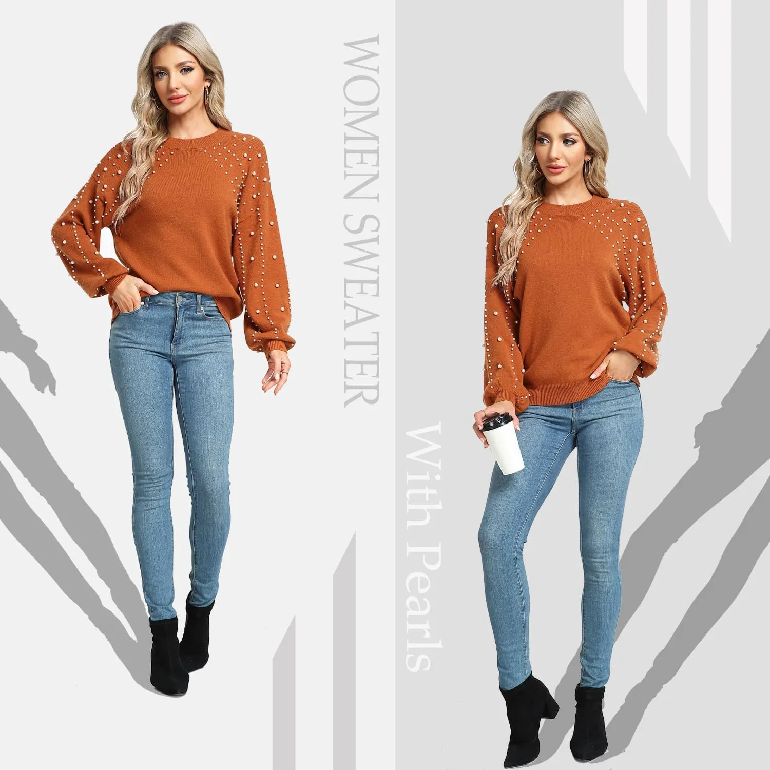 MISS MOLY Women's Chunky Sweaters Lantern Sleeve Crewneck Oversized Knitted Pullover Sweater with Pearls
