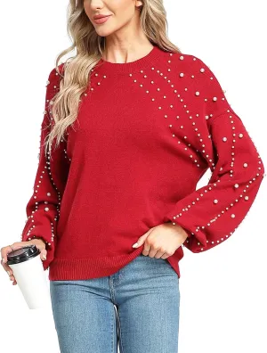 MISS MOLY Women's Chunky Sweaters Lantern Sleeve Crewneck Oversized Knitted Pullover Sweater with Pearls