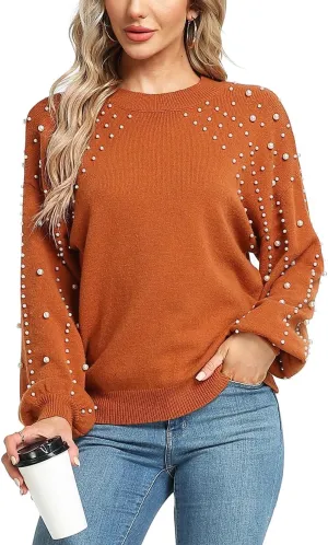 MISS MOLY Women's Chunky Sweaters Lantern Sleeve Crewneck Oversized Knitted Pullover Sweater with Pearls