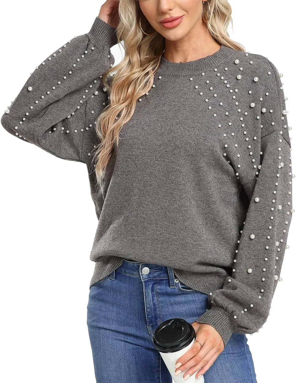 MISS MOLY Women's Chunky Sweaters Lantern Sleeve Crewneck Oversized Knitted Pullover Sweater with Pearls