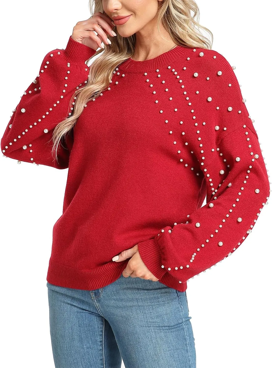 MISS MOLY Women's Chunky Sweaters Lantern Sleeve Crewneck Oversized Knitted Pullover Sweater with Pearls