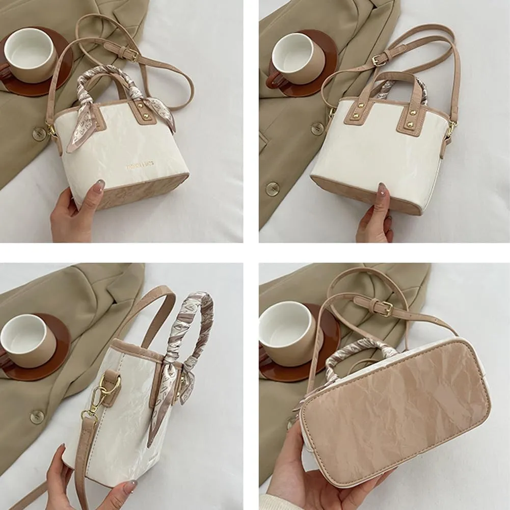 Molodo Small Crossbody Bags for Women Versatile Vegan Leather Shoulder Bag Bucket Bag with Scarf Decoration