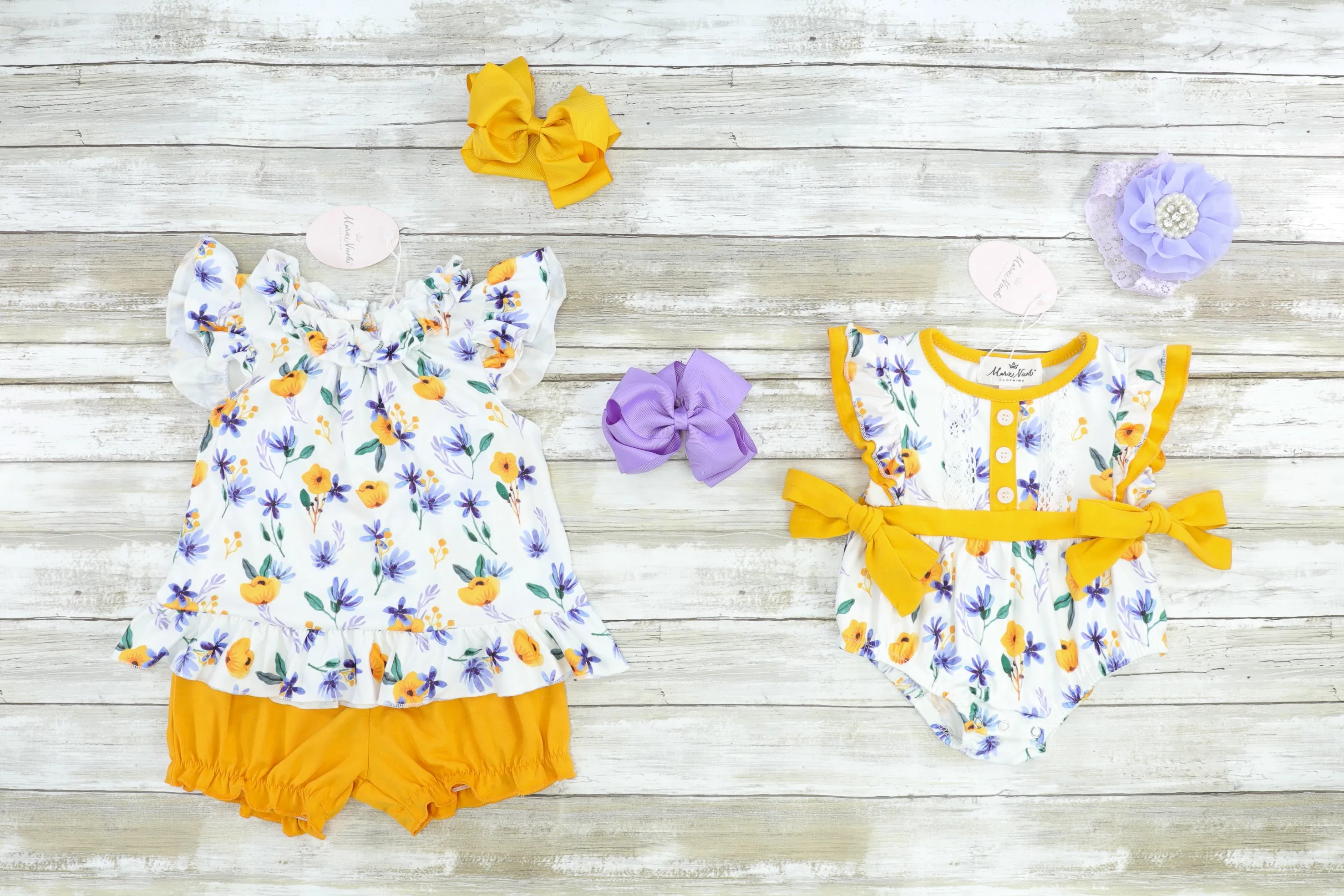 Mustard & Purple Floral Ruffle Top & Shorts Outfit