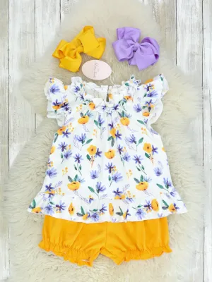 Mustard & Purple Floral Ruffle Top & Shorts Outfit