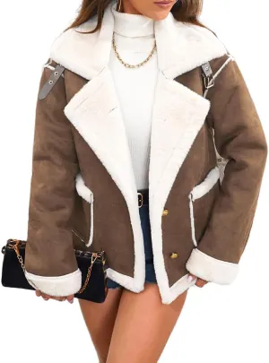 Mywinway Womens Suede Sherpa Lined Leather Jacket Coat 2024 Fall Winter Lambswool Fur Warm Casual Trench Coat