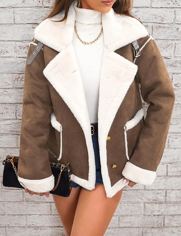 Mywinway Womens Suede Sherpa Lined Leather Jacket Coat 2024 Fall Winter Lambswool Fur Warm Casual Trench Coat