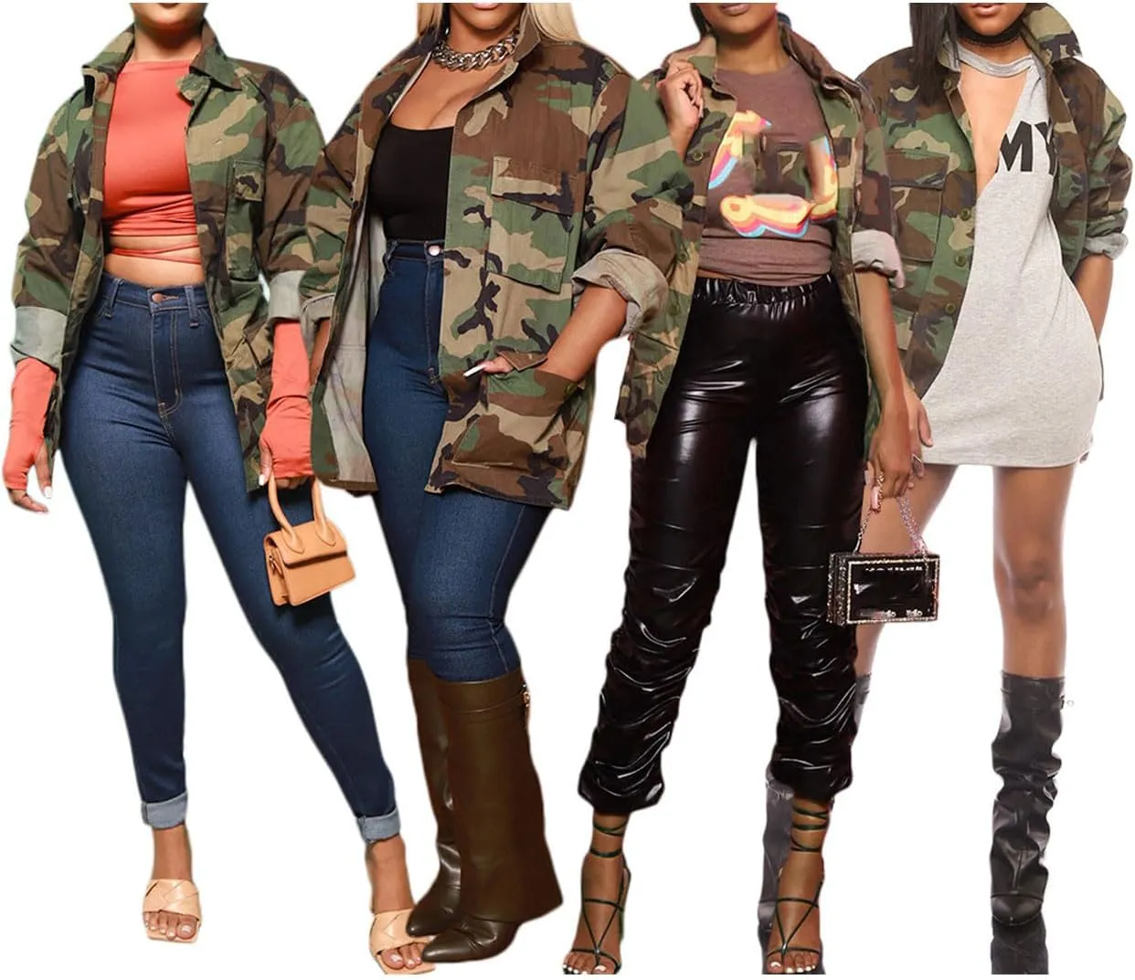 Naliha Women Casual Camouflage Jacket Military Anorak Long Sleeve Coat Outfit