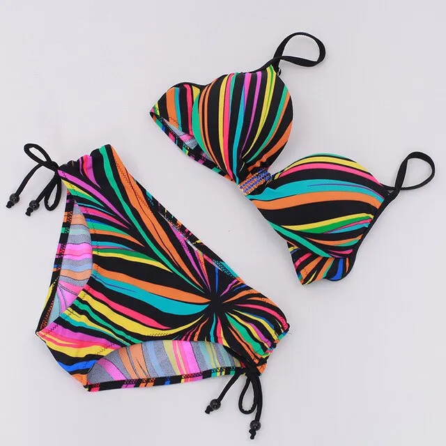 New Colorful Stripped Bikini Women Swimsuit Plus Size Halter Swimwear M-3XL Girl Gather Cup Bathing Suit Backless Bikini Set