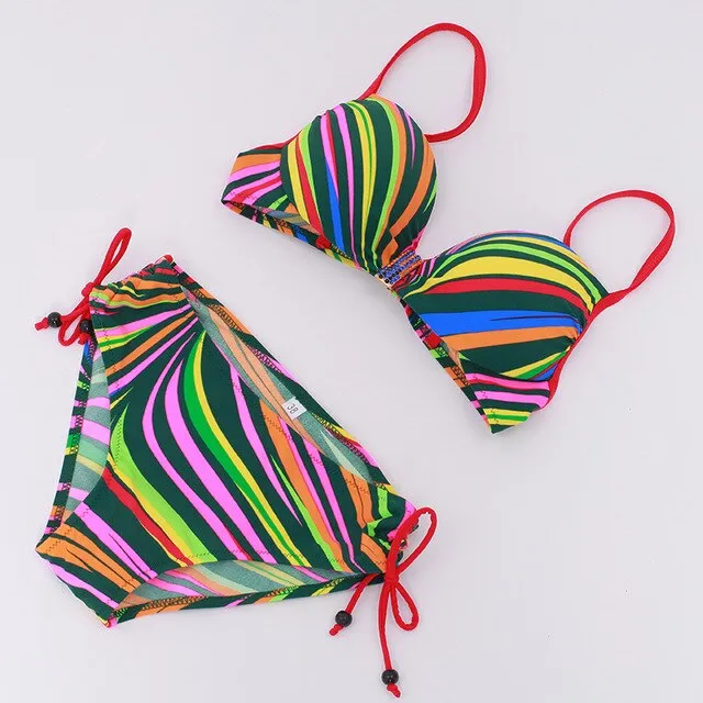 New Colorful Stripped Bikini Women Swimsuit Plus Size Halter Swimwear M-3XL Girl Gather Cup Bathing Suit Backless Bikini Set