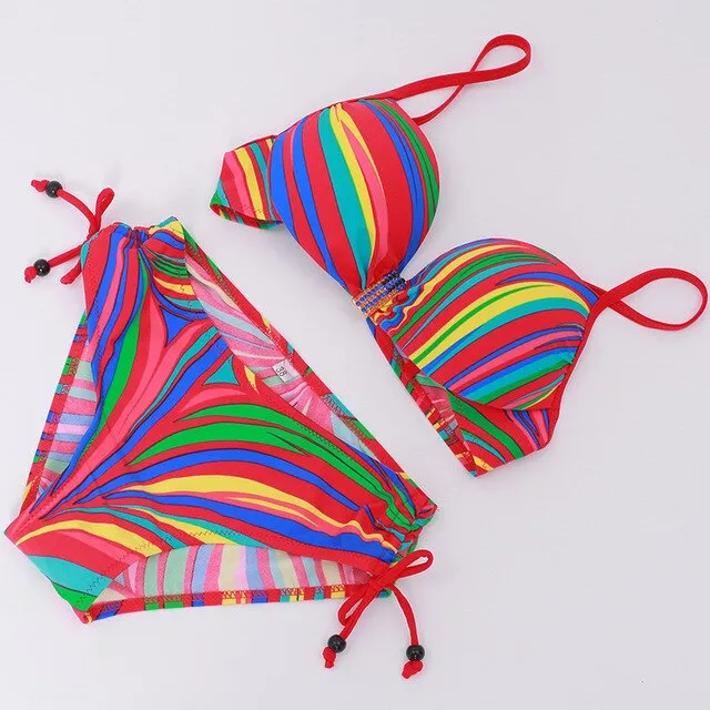 New Colorful Stripped Bikini Women Swimsuit Plus Size Halter Swimwear M-3XL Girl Gather Cup Bathing Suit Backless Bikini Set