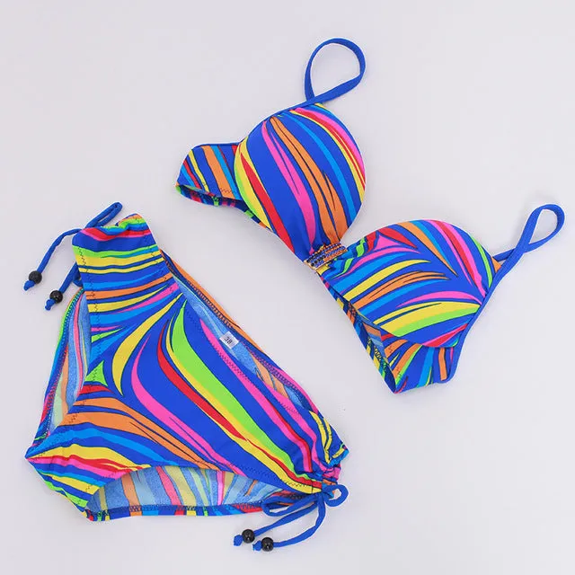 New Colorful Stripped Bikini Women Swimsuit Plus Size Halter Swimwear M-3XL Girl Gather Cup Bathing Suit Backless Bikini Set
