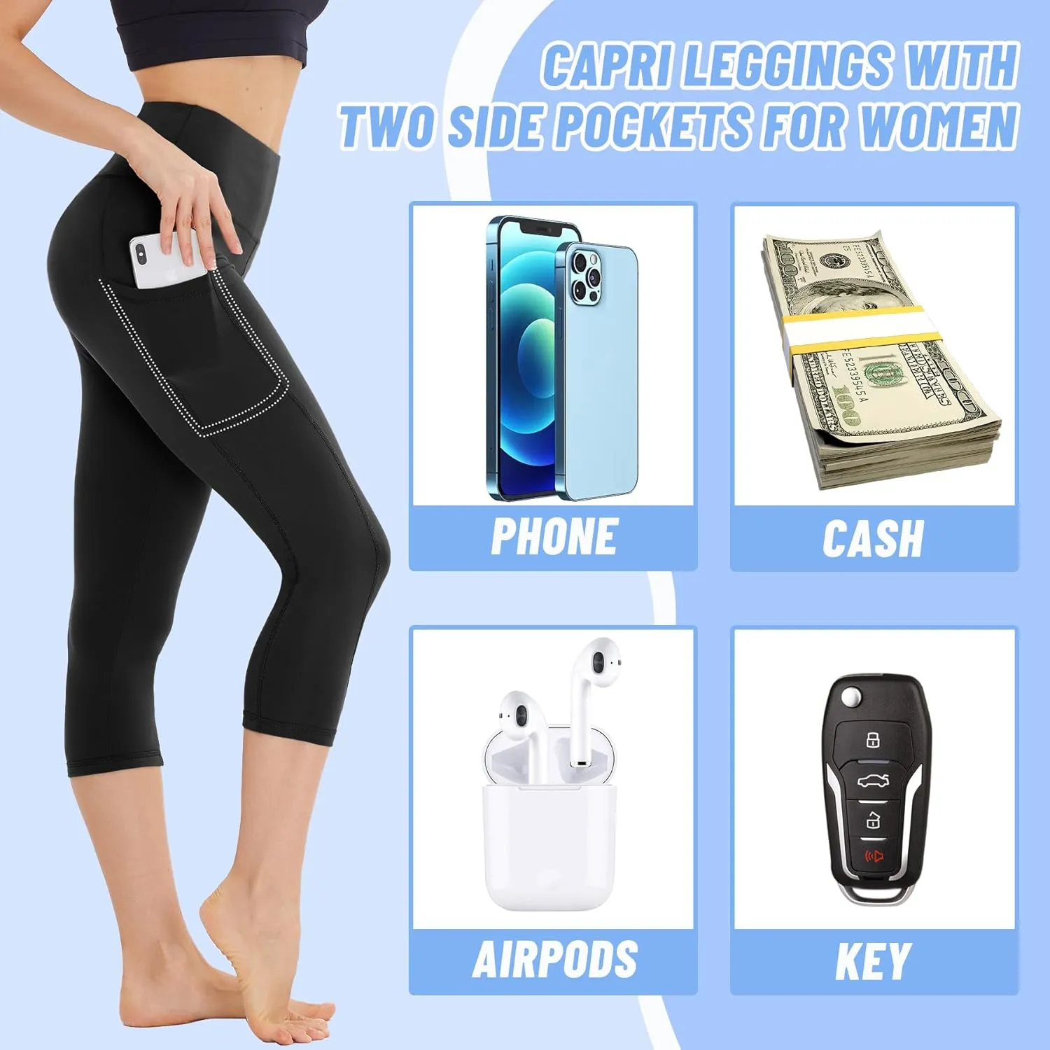 NexiEpoch 4 Pack Leggings for Women with Pockets- High Waisted Tummy Control for Workout Running Capri Yoga Pants